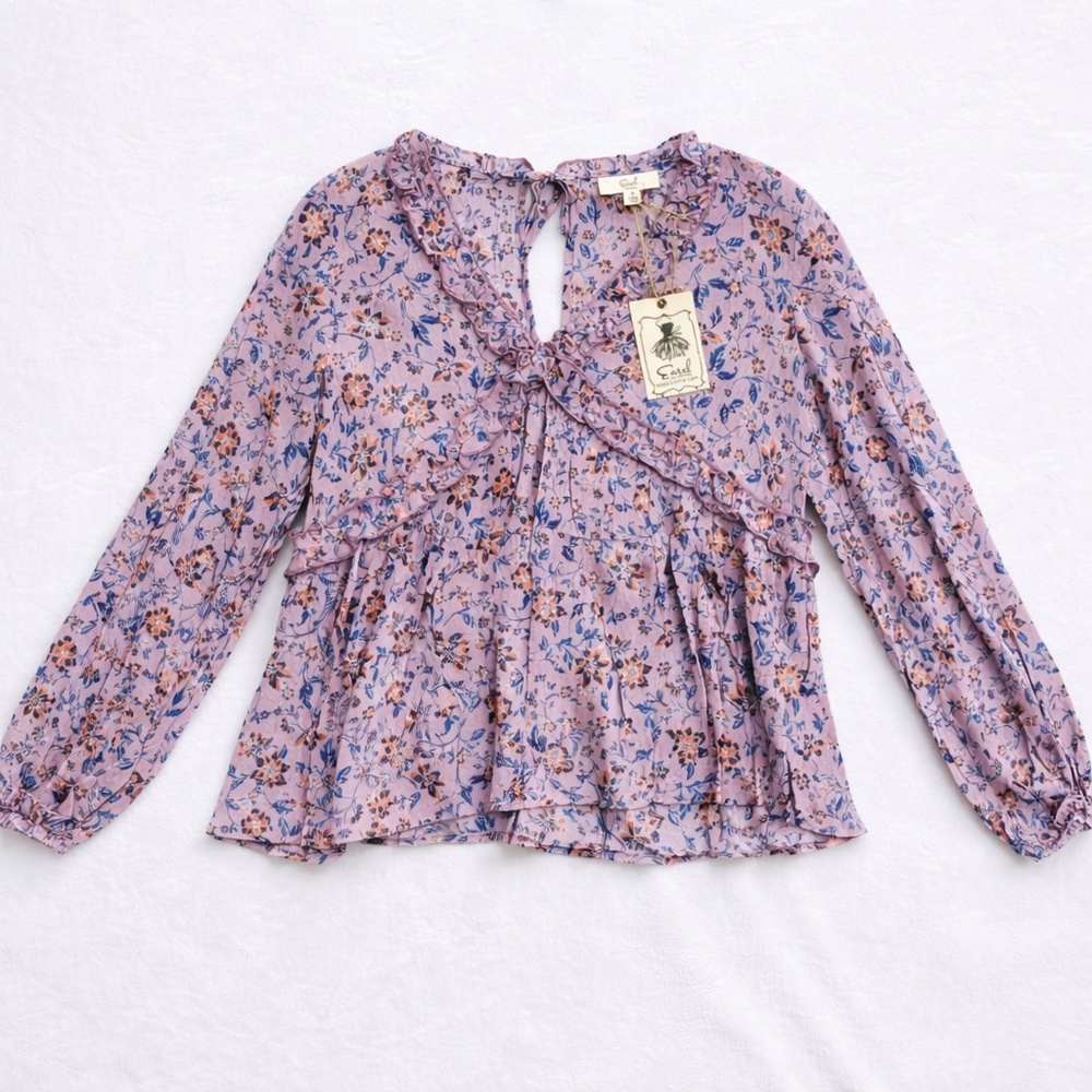 NWT EASEL Blouse Top Sz L Lilac Floral Long Sleeve Lightweight Spring Cottage - Picture 3 of 6